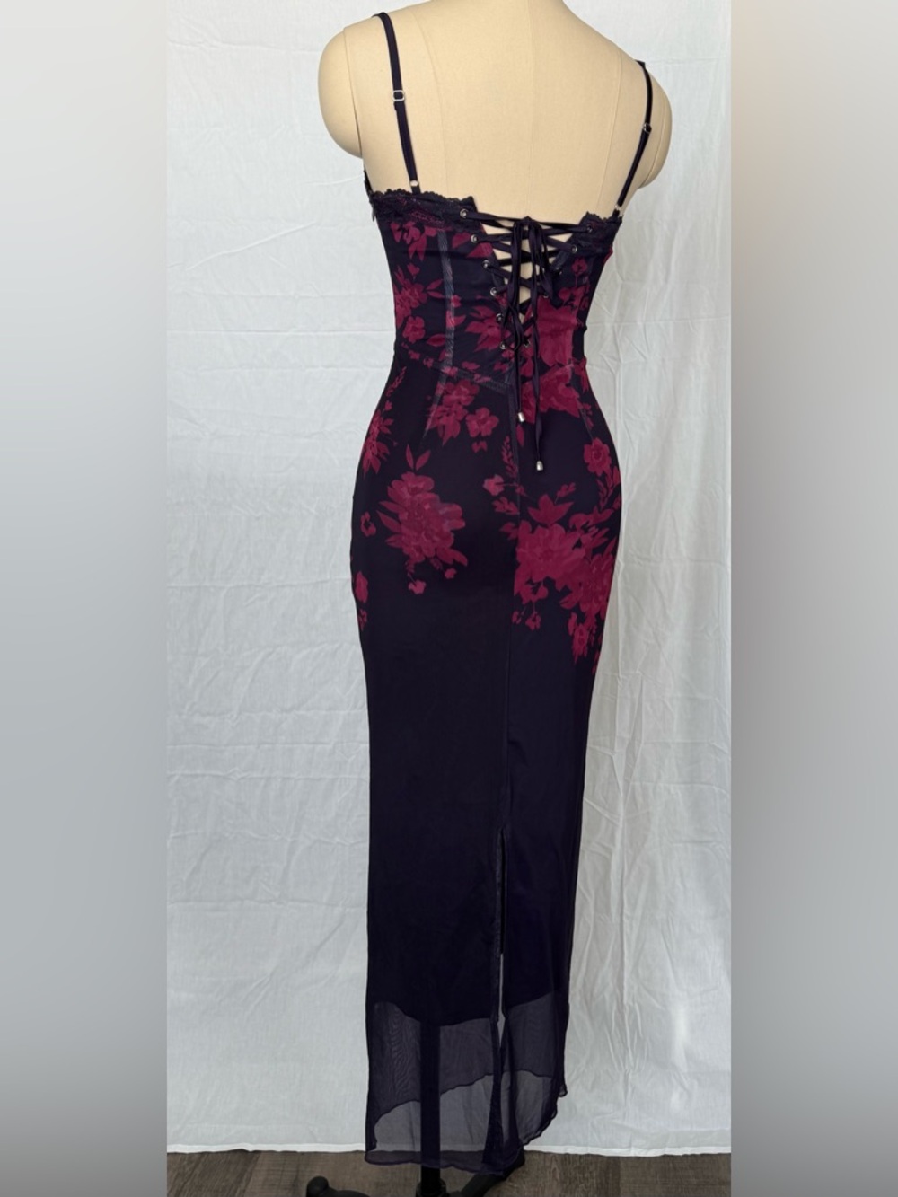 Maxi Corset Dark Purple / Wine Red Floral Lace-Up Bustier Dress - Picture 7 of 9